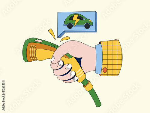 Vector illustration of charging in human hand. Refueling in flat style. electro charging with color drop background. A male hand in a shirt fills the car.