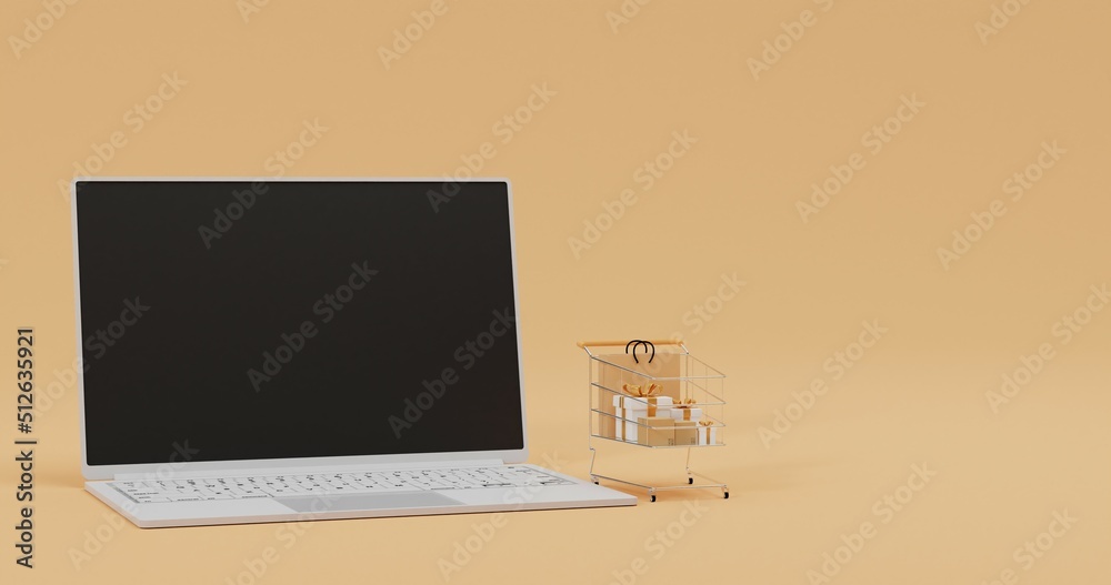 White laptop black screen with shopping cart paper bag gift box parcel box on yellow background high resolution 8k JPEG 3d Illustration