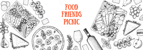 Picnic food top view. Hand drawn vector illustration. Food and drink sketch. Antipasti, pizza, sandwich, fruits, snacks for lunch or dinner. Summer Food top view frame.