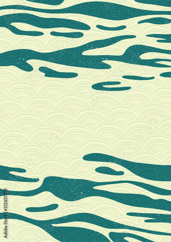 Brush texture with Japanese ocean wave pattern in vintage style. Abstract art landscape banner design with asian vector texture