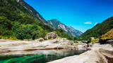 Beautiful Verzasca River at Lavertezzo in the Verzasca Valley, Ticino Tessin in Switzerland.- Nature landscape background