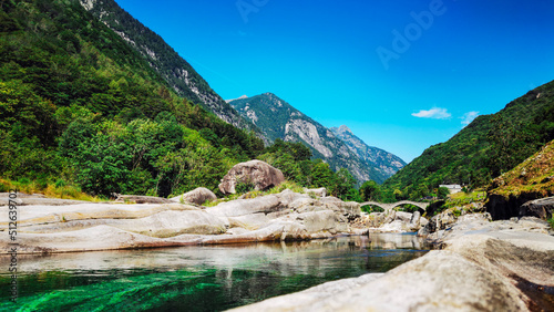 Beautiful Verzasca River at Lavertezzo in the Verzasca Valley, Ticino Tessin in Switzerland.- Nature landscape background photo
