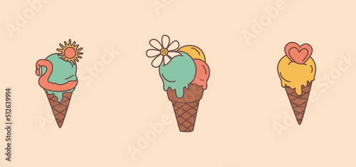 Groovy Ice Cream set in retro style. Isolated vector set icons sunglasses in 1970 style for stickers, posters and postcards.