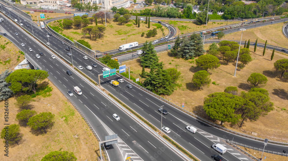 Aerial view of the Great Ring Junction in Rome, Italy. It's a long orbital motorway that encircles the city.