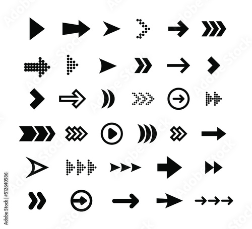 Big black arrows flat icon set. Modern abstract simple cursors, pointers, and direction buttons vector illustration collection. Web design and digital business graphic elements concept 