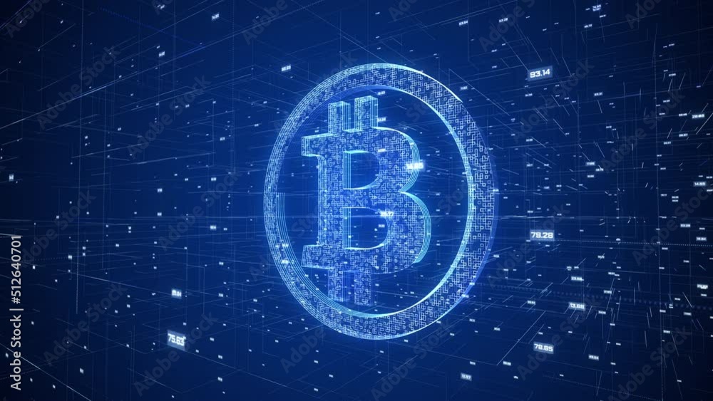 Bitcoin currency sign moving in digital cyberspace animation. Abstract financial security concepts background. Camera moving backwards
