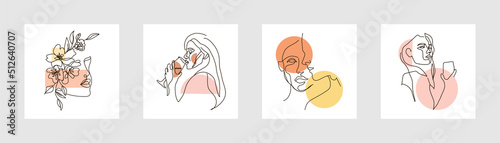 Modern abstract line minimalistic women face arts poster set with different geometric figure on background postcard or brochure cover design. Different woman faces. One line art. Vector illustrations