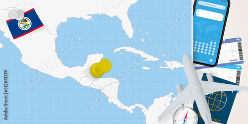 Travel to Belize concept, map with pin on map of Belize. Vacation preparation map, flag, passport and tickets.