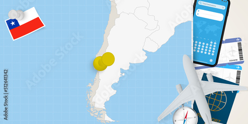 Travel to Chile concept, map with pin on map of Chile. Vacation preparation map, flag, passport and tickets.
