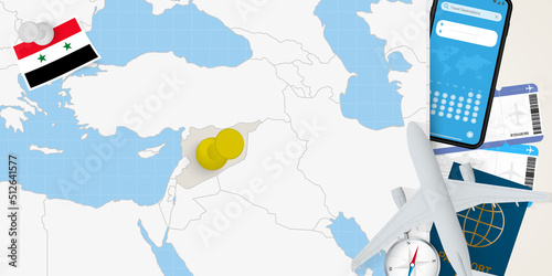 Travel to Syria concept, map with pin on map of Syria. Vacation preparation map, flag, passport and tickets.