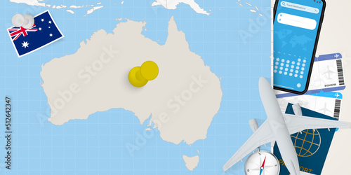 Travel to Australia concept, map with pin on map of Australia. Vacation preparation map, flag, passport and tickets.