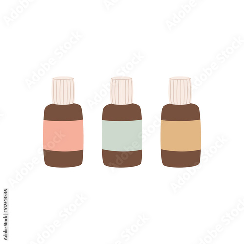 Brown glass bottles illustration for organic cosmetics, essential oils or pharmacy. Flat hand drawn style. Woman stuff, eco girls accessory concept. Natural face care products. Vector illustration