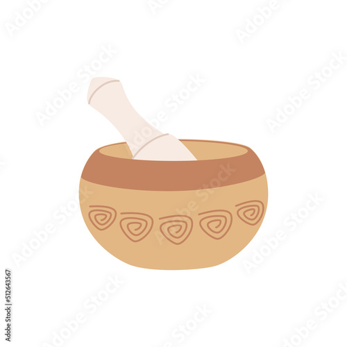 Flat vector illustration of a Tibetan singing or healing bowl with a wooden resonant stick on a white background.