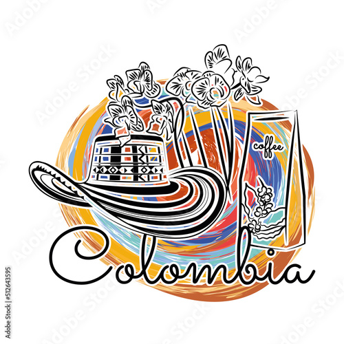 Colored Colombia travel promotion with coffee flowers and hat Vector