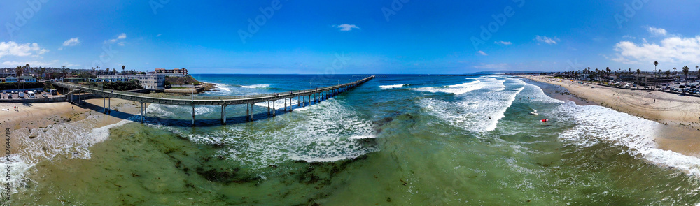 Ocean Beach, San Diego, looking at the Breakwater in a Panorama that also shows the Historic Fishing Pier