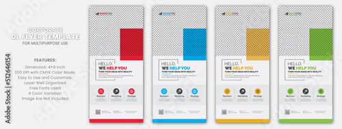 Red, Blue, Yellow, Green Corporate DL Flyer Rack Card Template with Creative Concept
