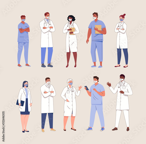 Team of doctors, healthcare concept. Young medical specialists, men and women of different nationalities in uniform and masks with documents and stethoscopes. Close layer, physicians smiles. Vector.