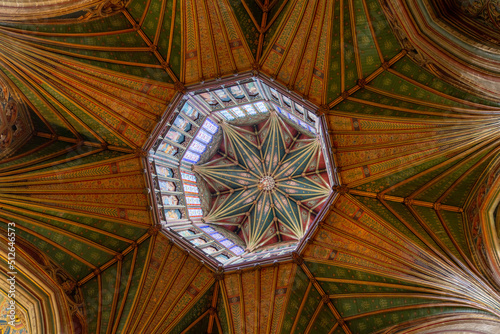 view of the ornate and historic octagon altar ceiling in the central naveo f the Ely Cathedral