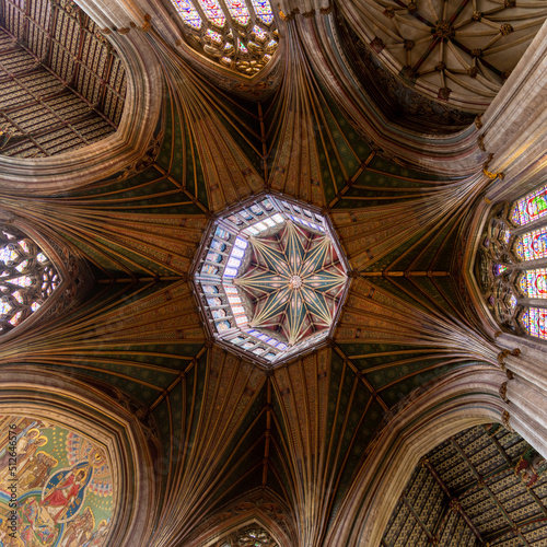 view of the ornate and historic octagon altar ceiling in the central naveo f the Ely Cathedral