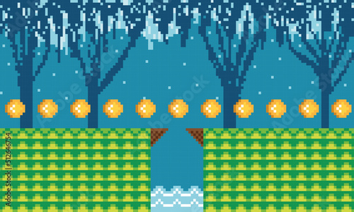 Colored videogame scenary of a haunted forest with golden coins Vector