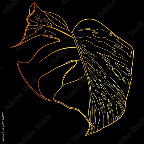 golden linear art. Golden Monstera. Graphic illustration on a black background