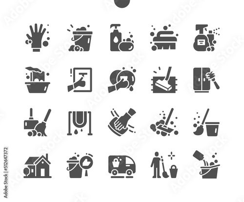 Cleaning. Furniture cleaning. Wash dishes. Cleaning worker. Carpet cleaning. Vector Solid Icons. Simple Pictogram
