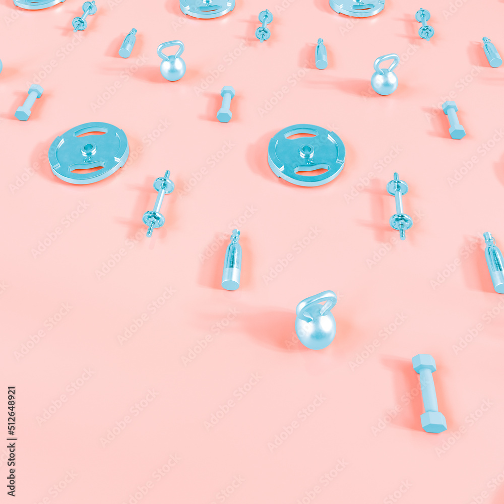 Set for fitness and gym on pastel background. Muscle exercise, bodybuilding, fitness and diet pattern concept. Set for fitness and gym on pastel background. Muscle exercise, bodybuilding, fitness and diet pattern concept.