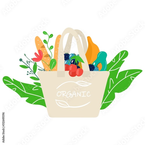Eco shopping bag with vegetables, fruits. Dairy food in reusable eco friendly shopper net. Zero waste concept. Flat trendy design. Say no to plastic bag