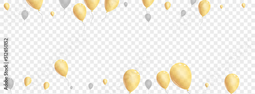 Yellow Toy Background Transparent Vector. Balloon Sphere Set. Gray Streamers Confetti. Helium Holiday Frame.
