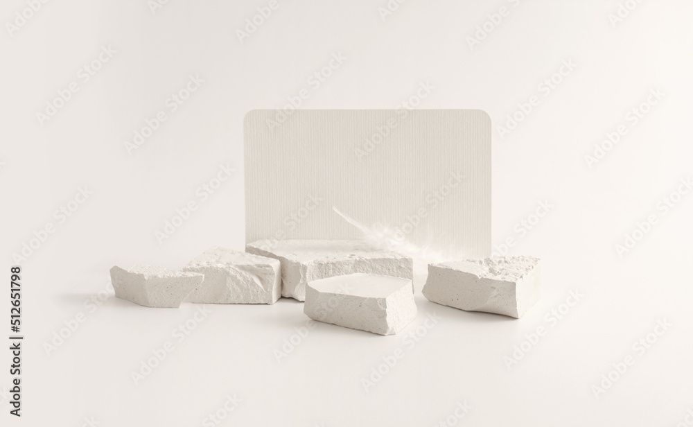Texture stone platform eco podium and empty card on gray beige copy space background. Minimal still life display product presentation scene. Texture stone platform eco podium and empty card on gray beige copy space background. Minimal still life display product presentation scene.