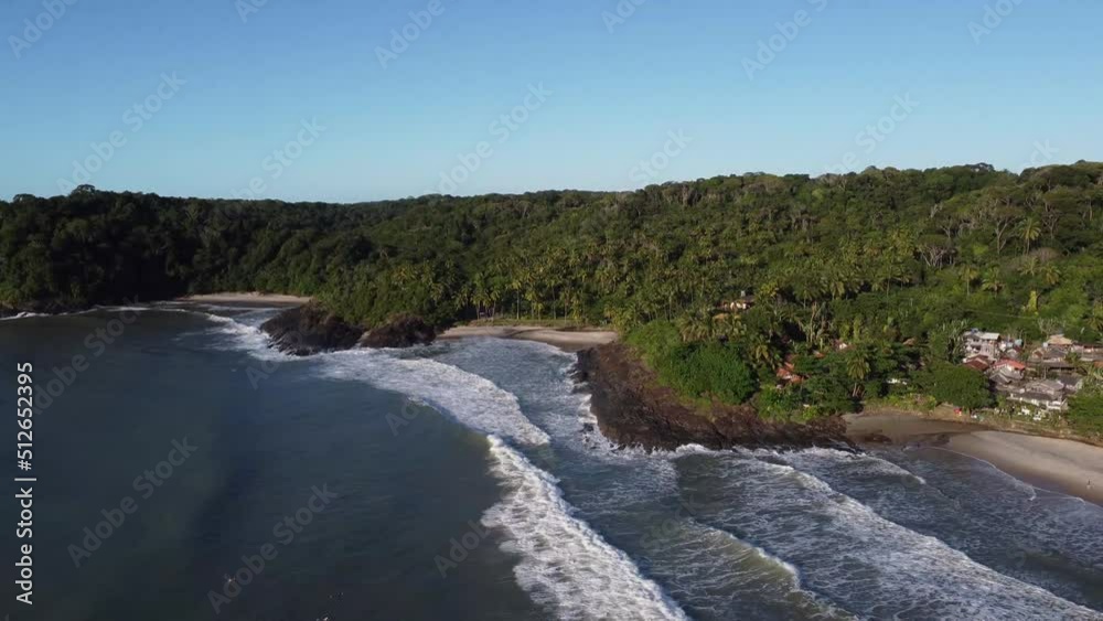 Aerial view of a deserted paradise beach amidst the nature of the Atlantic Forest