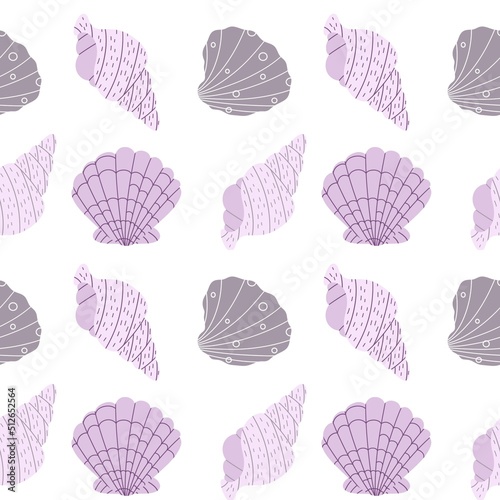 Seamless pattern with abstract organic cut out seashells in purple neutral colors.