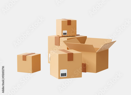 3D Cardboard boxes on warehouse. Fast delivery concept. Moving with cargo box. Storage of parcel and order. Unboxing package. Cartoon creative design icon isolated on white background. 3D Rendering