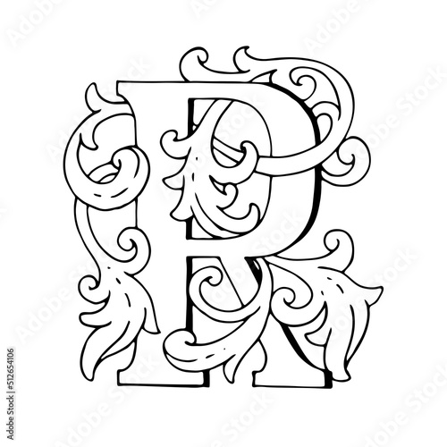 Letters R Drop Caps. Vector hand-drawing letter. Fabulous ornament