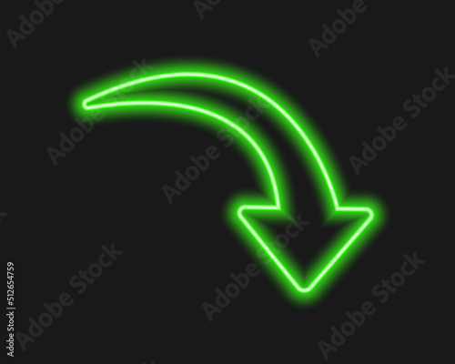 Green here neon arrow. Lightning direction sign on dark background. Vector realistic illustration.