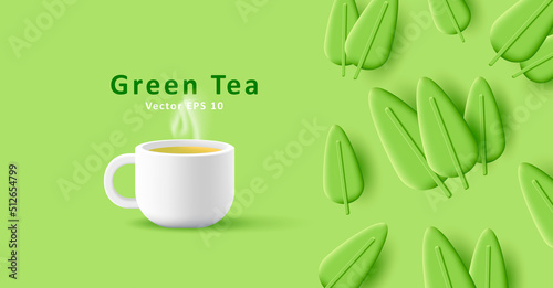 green tea 3d cup with stylized leaves pattern. Vector illustration