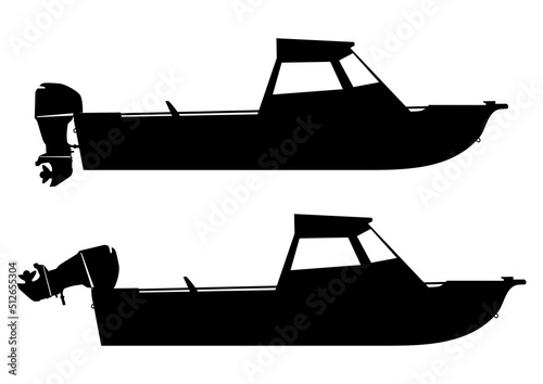 Silhouettes of riding hull fishing boat. Vector.