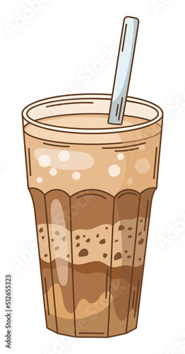 Cartoon iced coffee vector illustration. Iced cappuccino glass with tubule. Sweet drink in cartoon style