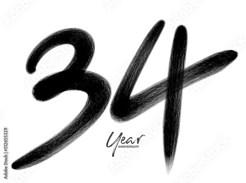34 Years Anniversary Celebration Vector Template, 34 Years  logo design, 34th birthday, Black Lettering Numbers brush drawing hand drawn sketch, number logo design vector illustration photo