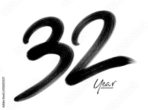 32 Years Anniversary Celebration Vector Template, 32 Years  logo design, 32th birthday, Black Lettering Numbers brush drawing hand drawn sketch, number logo design vector illustration