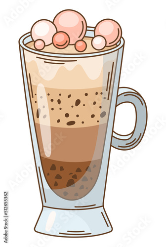 Sweet coffee drink vector clipart. Hot chocolate mug with marshmallows illustration. Cappuccino glass in cartoon style