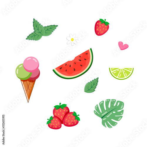Collection summer vibe stickers cartoon set. Drawings ice cream, soda and fruits, strawberry, watermelon, lime, mint and melissa. Decoration for daily planner, scrapbooking.  Good for packaging