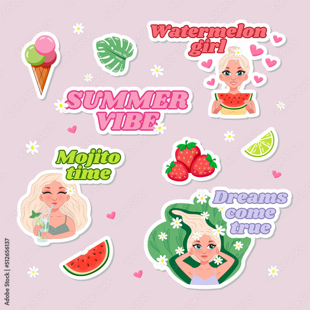 Collection summer vibe stickers cartoon set. Drawings of a woman with a watermelon and mojito cocktail and lying in the grass. Ice cream, soda and fruits, strawberry, watermelon, lime. 