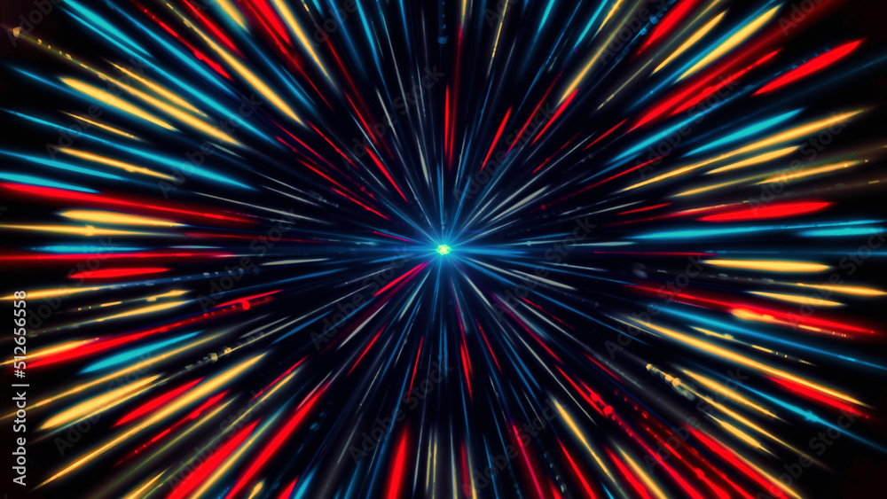 Φωτογραφία Abstract magnetic light blue core surrounded by colorful red, blue, yellow rays on black background, seamless loop
