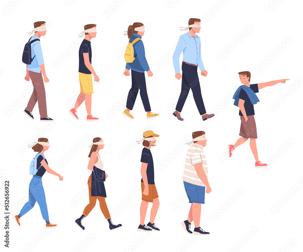 People Character Wearing Blindfold Following One Person Trusting Him Vector Set