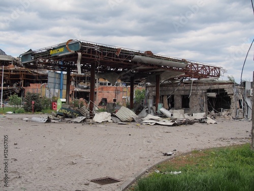 Mariupol, Ukraine, May 11 2022. The ruins of the shopping center and gas station