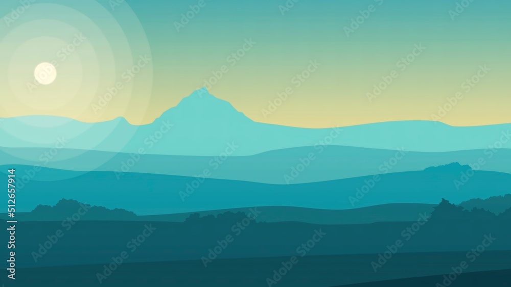 Animation landscape with mountains, hills, sky and a sun. Animation of a beautiful silhouette landscape background, with mountains range, sky and sunset