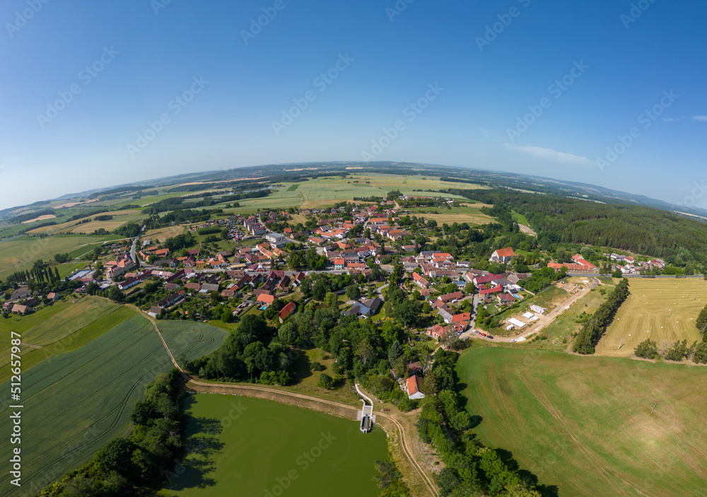 Aerial shot of landscape and village