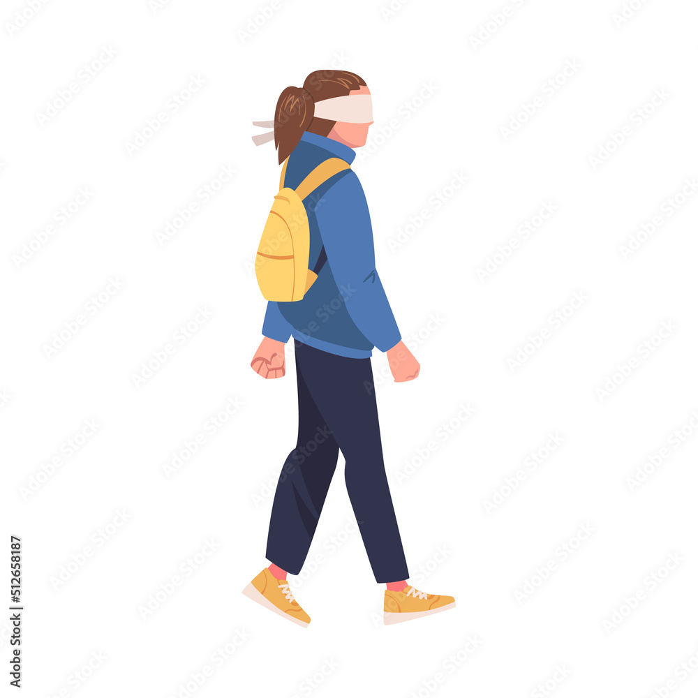 Woman Character with Backpack Wearing Blindfold Following Someone Trusting and Having Faith in Something Vector Illustration Woman Character with Backpack Wearing Blindfold Following Someone Trusting and Having Faith in Something Vector Illustration