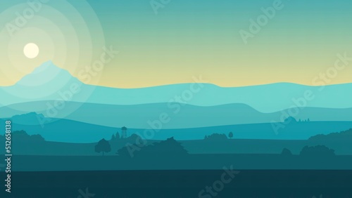 Animation landscape with mountains, hills, sky and a sun. Animation of a beautiful silhouette landscape background, with mountains range, sky and sunset © Media Whale Stock
